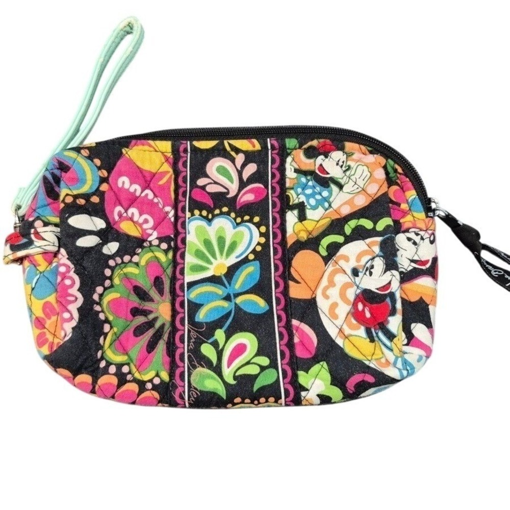 Vera Bradley Disney Mickey Mouse Floral Wristlet Pouch Cosmetic Bag Black Multi
